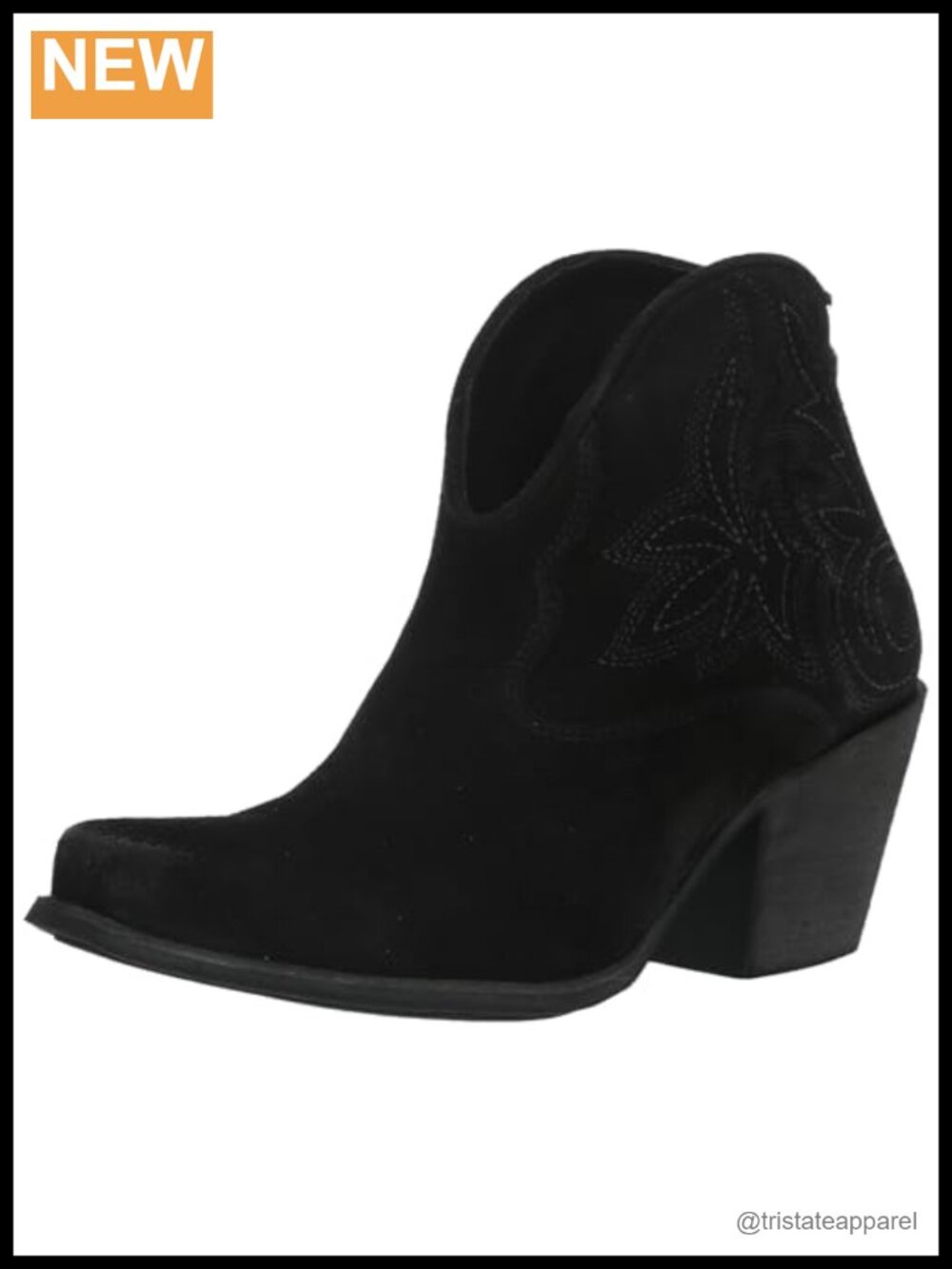 Women's Distressed Black Suede Western Boot, Snip Toe Ankle Boot with Embroidery